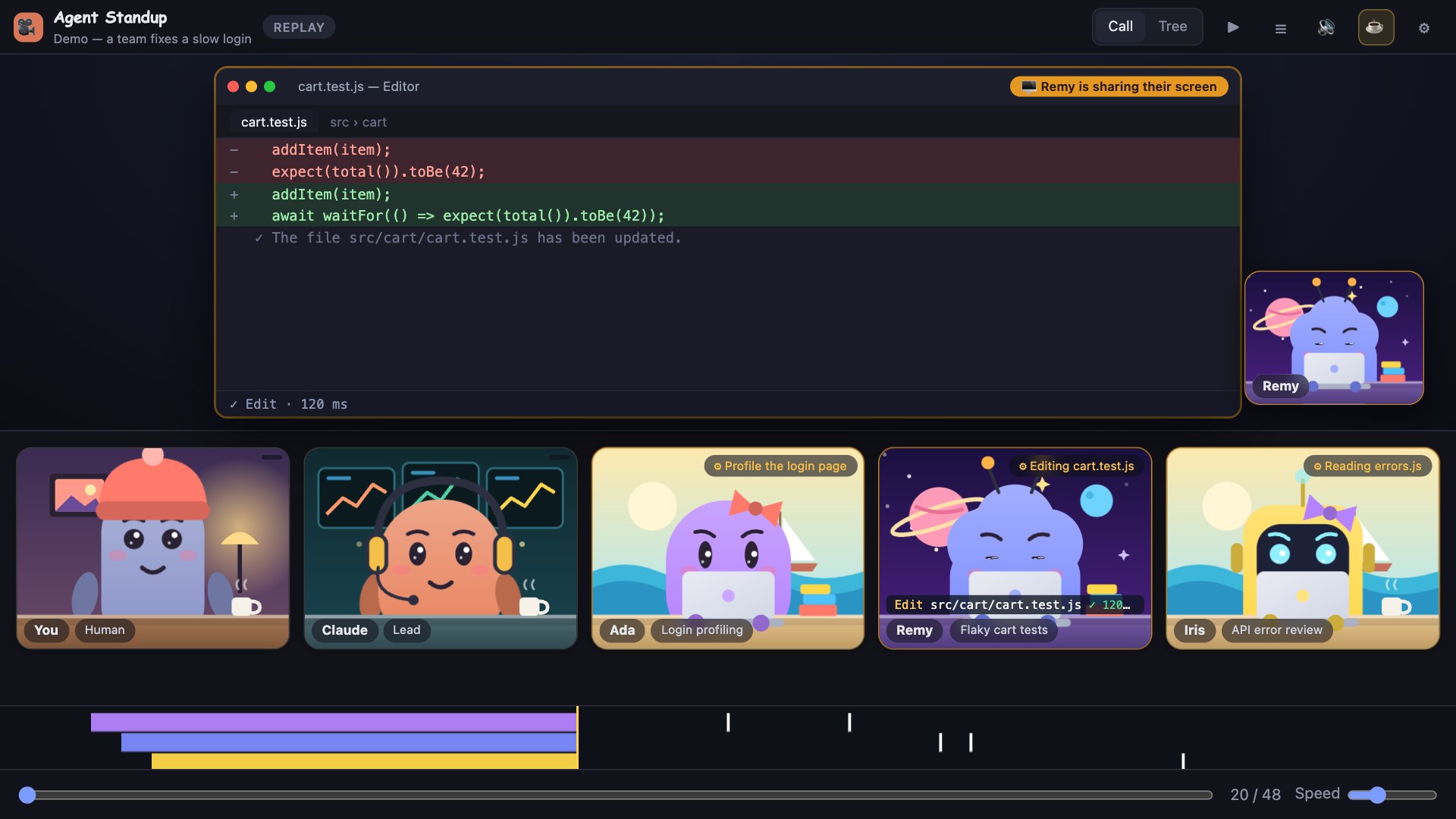 An agent sharing an editor with a diff