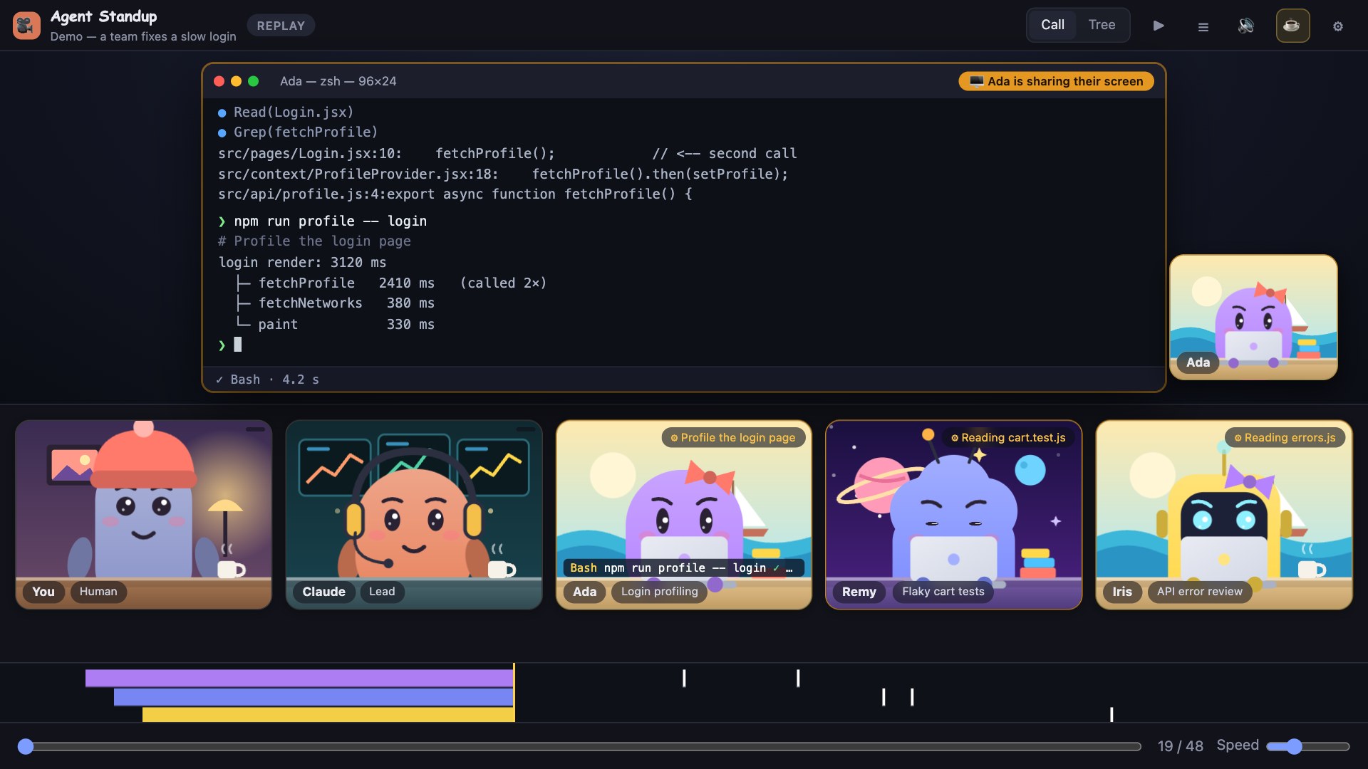 An agent sharing its terminal with real command output